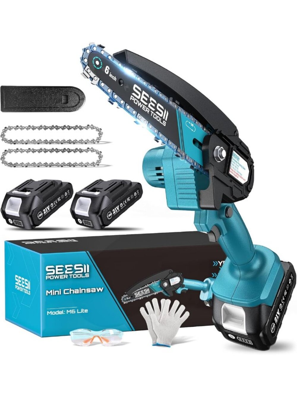 Cordless Mini Chainsaw 6-Inch Handheld Electric Power Tool, 2 Batteries